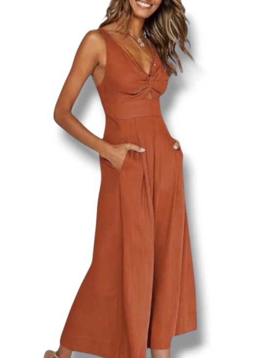 anrabess Pants - Anrabess Women's Brick Red Orange Jumpsuit Wide Leg Sleeveless Linen Romper